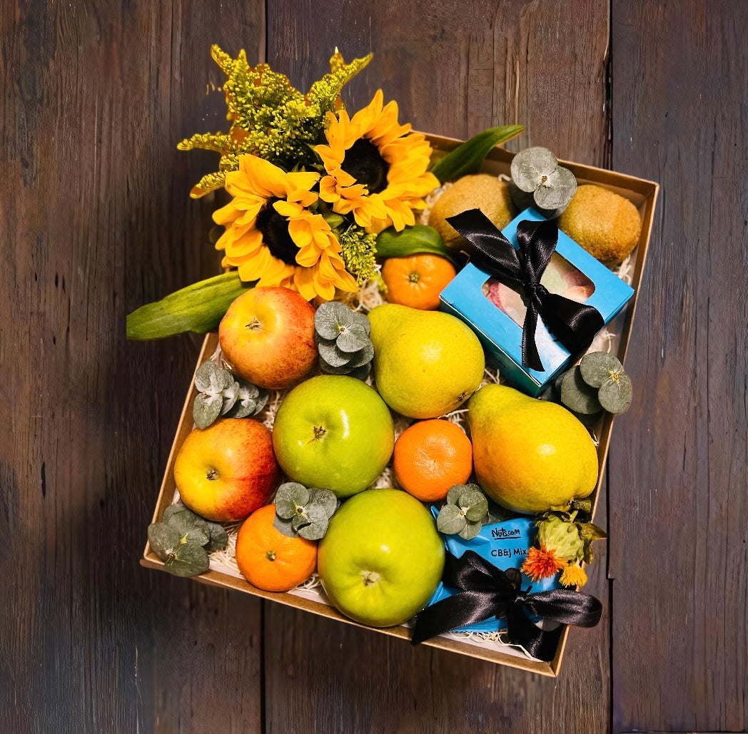 Radiant Day Fruit & Floral Gift Box β Sunflowers, Fresh Fruit & Mixed Nuts